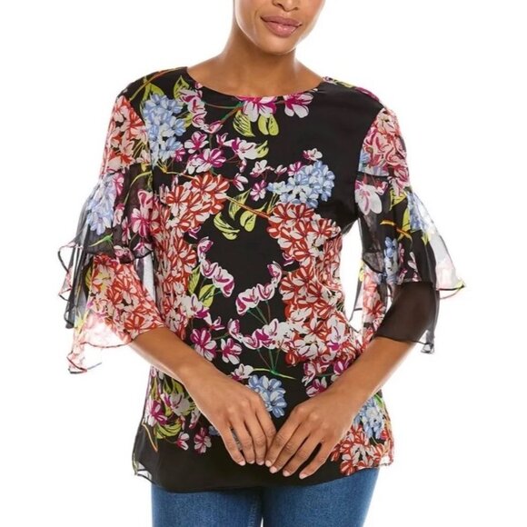 Josie Natori Women Black Multicolor Floral Silk 3/4 Sleeve Blouse Top Sz M - Picture 1 of 12